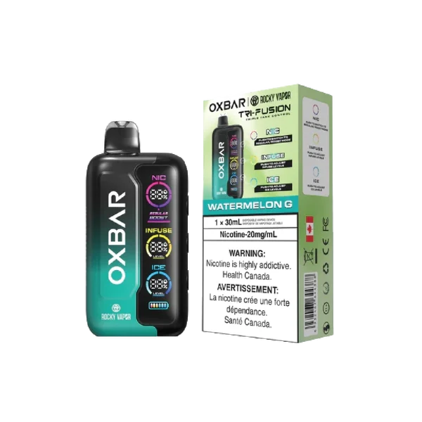Oxbar Tri-Fusion disposable vape featuring a large front-facing digital screen and three control buttons for nicotine, sweetness, and ice adjustment; available in Calgary.