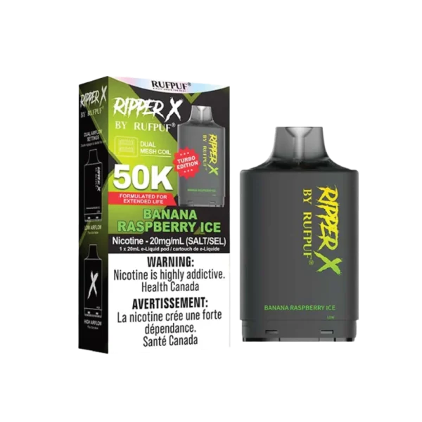 Ruf Puf Ripper X 50,000 puff pod with 20mL capacity, dual mesh coils, and adjustable airflow; compatible with Ripper X and Level X batteries.