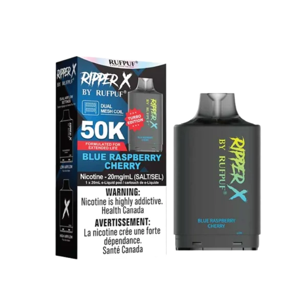 Ruf Puf Ripper X 50,000 puff pod with 20mL capacity, dual mesh coils, and adjustable airflow; compatible with Ripper X and Level X batteries.