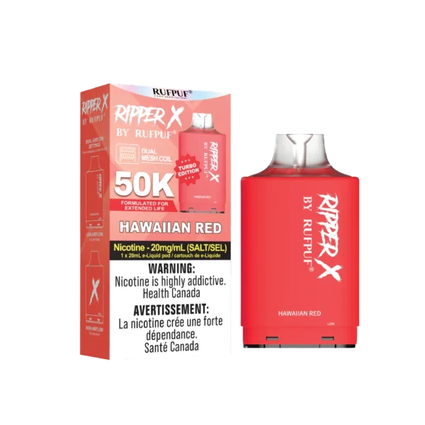 Ruf Puf Ripper X 50,000 puff pod with 20mL capacity, dual mesh coils, and adjustable airflow; compatible with Ripper X and Level X batteries.
