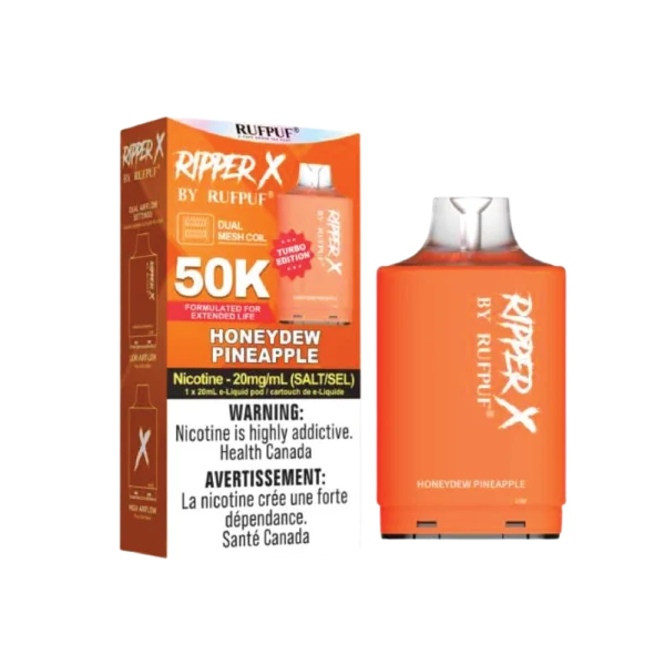 Ruf Puf Ripper X 50,000 puff pod with 20mL capacity, dual mesh coils, and adjustable airflow; compatible with Ripper X and Level X batteries.