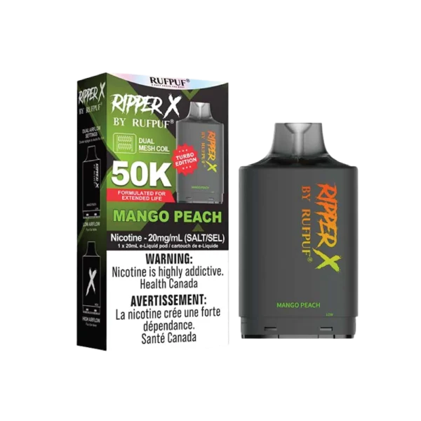 Ruf Puf Ripper X 50,000 puff pod with 20mL capacity, dual mesh coils, and adjustable airflow; compatible with Ripper X and Level X batteries.