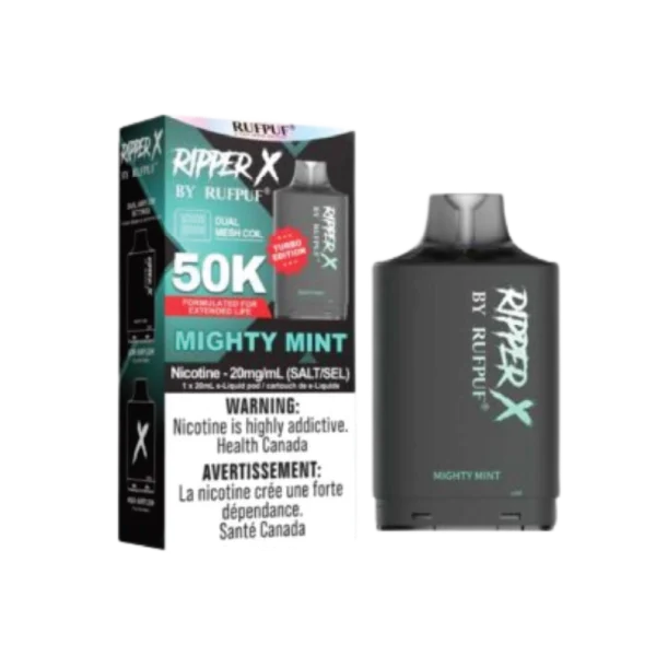Ruf Puf Ripper X 50,000 puff pod with 20mL capacity, dual mesh coils, and adjustable airflow; compatible with Ripper X and Level X batteries.