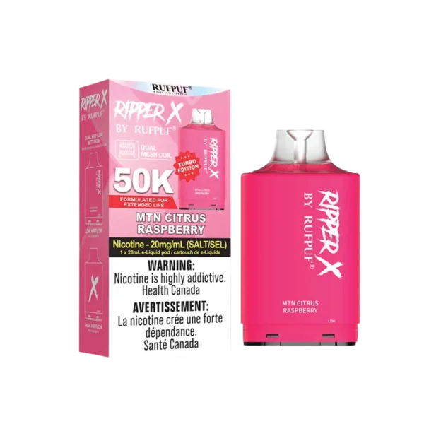 Ruf Puf Ripper X 50,000 puff pod with 20mL capacity, dual mesh coils, and adjustable airflow; compatible with Ripper X and Level X batteries.
