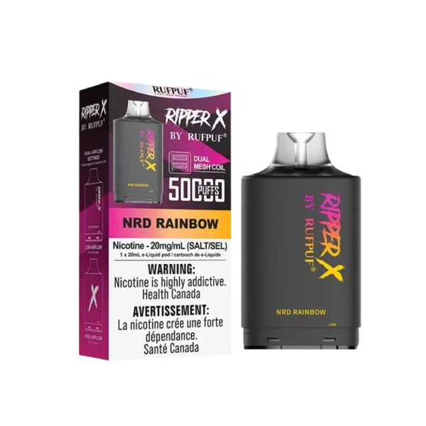 Ruf Puf Ripper X 50,000 puff pod with 20mL capacity, dual mesh coils, and adjustable airflow; compatible with Ripper X and Level X batteries.