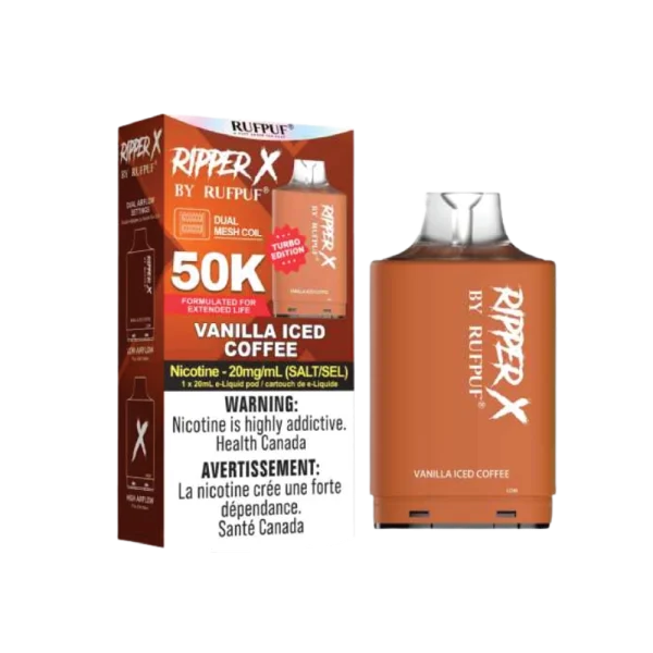 Ruf Puf Ripper X 50,000 puff pod with 20mL capacity, dual mesh coils, and adjustable airflow; compatible with Ripper X and Level X batteries.