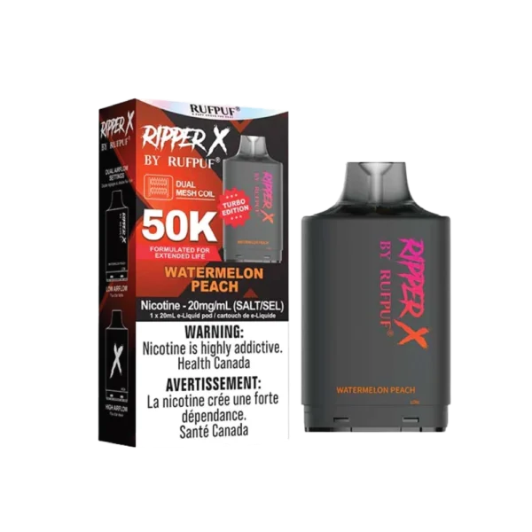 Ruf Puf Ripper X 50,000 puff pod with 20mL capacity, dual mesh coils, and adjustable airflow; compatible with Ripper X and Level X batteries.