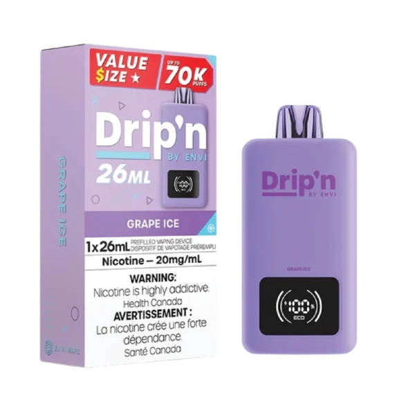 Drip’n 26mL disposable vape by Envi featuring a smart digital display, dual mesh coils, and 26mL capacity; available for Calgary delivery.