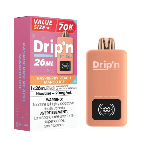 Drip’n 26mL disposable vape by Envi featuring a smart digital display, dual mesh coils, and 26mL capacity; available for Calgary delivery.