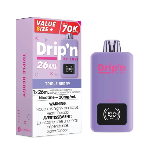 Drip’n 26mL disposable vape by Envi featuring a smart digital display, dual mesh coils, and 26mL capacity; available for Calgary delivery.