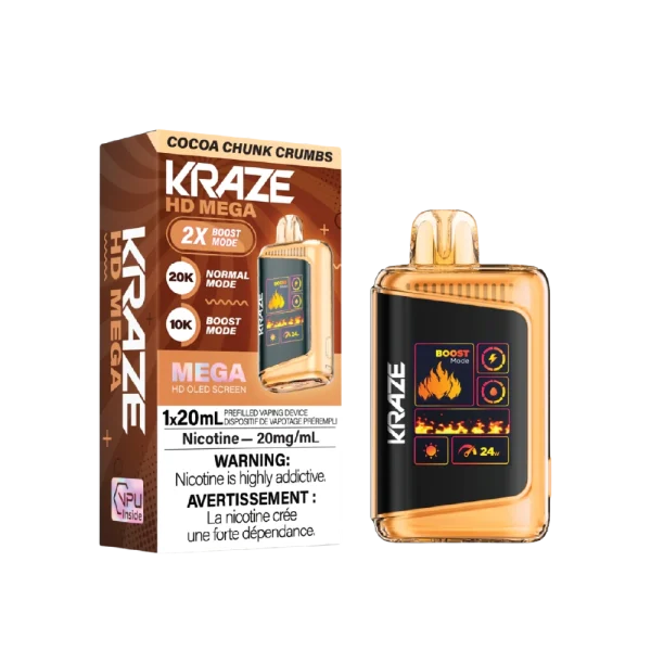 Kraze HD Mega 20K disposable vape featuring a large LED display, dual mesh coils, and 24W boost mode; available for Calgary delivery.