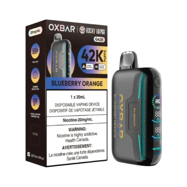 Oxbar G42K disposable vape with 42,000 puffs, triple mesh coils, five firing modes, and 3D curve screen; available for Calgary vape delivery.