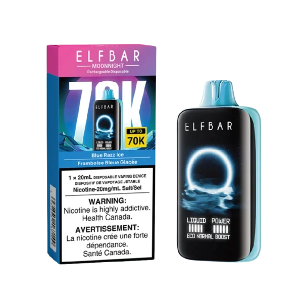 Elf Bar MoonNight 70K disposable vape featuring a large full-screen digital display and various flavors like Blue Razz Ice and Watermelon Ice; available for Calgary delivery