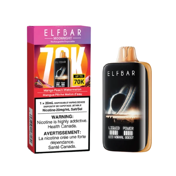 Elf Bar MoonNight 70K disposable vape featuring a large full-screen digital display and various flavors like Blue Razz Ice and Watermelon Ice; available for Calgary delivery
