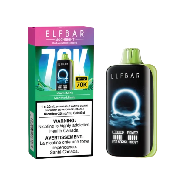 Elf Bar MoonNight 70K disposable vape featuring a large full-screen digital display and various flavors like Blue Razz Ice and Watermelon Ice; available for Calgary delivery