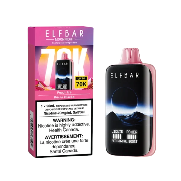 Elf Bar MoonNight 70K disposable vape featuring a large full-screen digital display and various flavors like Blue Razz Ice and Watermelon Ice; available for Calgary delivery.