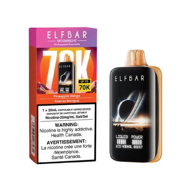 Elf Bar MoonNight 70K disposable vape featuring a large full-screen digital display and various flavors like Blue Razz Ice and Watermelon Ice; available for Calgary delivery.