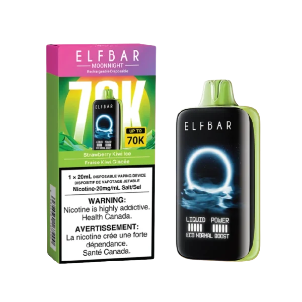Elf Bar MoonNight 70K disposable vape featuring a large full-screen digital display and various flavors like Blue Razz Ice and Watermelon Ice; available for Calgary delivery.