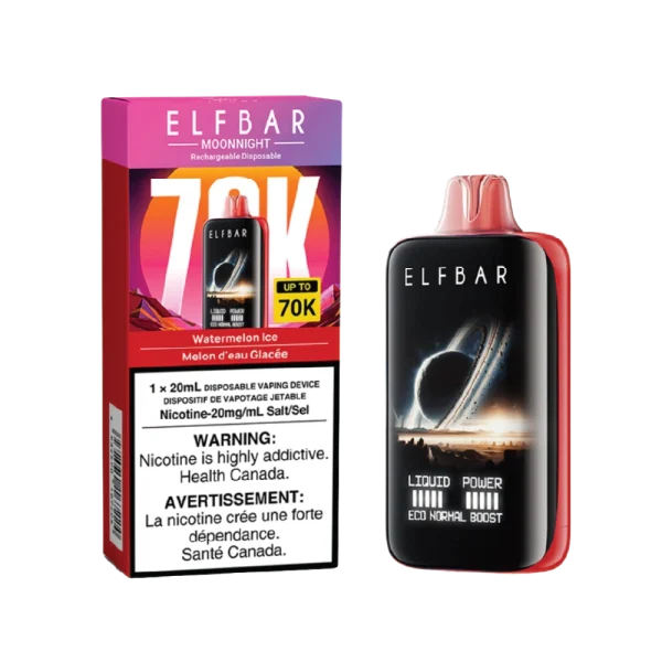 Elf Bar MoonNight 70K disposable vape featuring a large full-screen digital display and various flavors like Blue Razz Ice and Watermelon Ice; available for Calgary delivery.