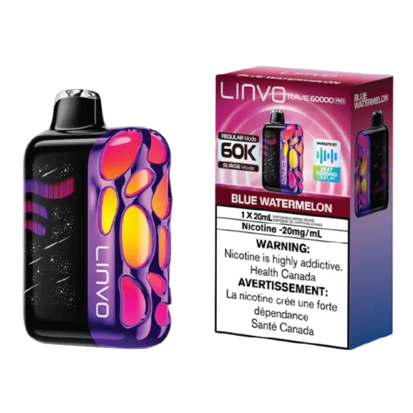 Linvo Rave 60K Blue Watermelon vape with juicy blueberry and crisp watermelon flavour.