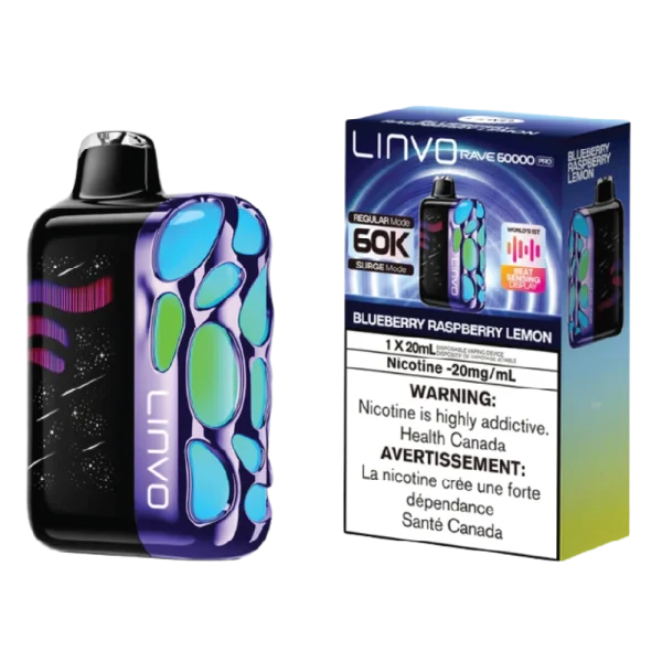 Linvo Rave 60K Blueberry Raspberry vape with mixed berry blend.
