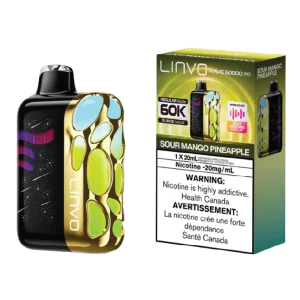 Linvo Rave 60K Sour Mango Pineapple vape with tangy mango and juicy pineapple.