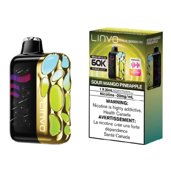 Linvo Rave 60K Sour Mango Pineapple vape with tangy mango and juicy pineapple.