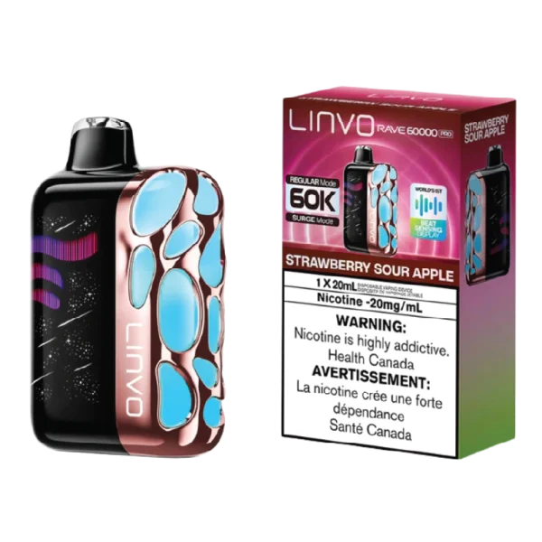 Linvo Rave 60K Strawberry Sour Apple vape with tangy apple and sweet strawberry.