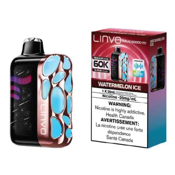 Linvo Rave 60K Watermelon Ice vape with icy, refreshing watermelon flavour.