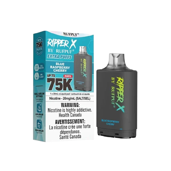Ruf Puf Ripper X 75,000 puff pod with 20mL capacity, dual mesh coils, and adjustable airflow; available for same day Calgary delivery.