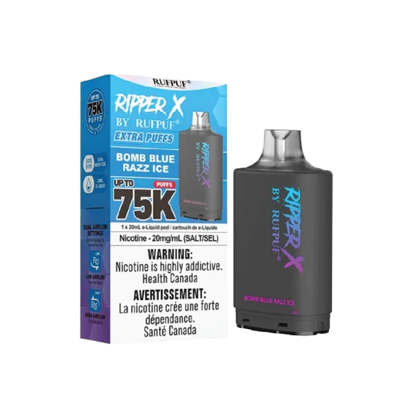 Ruf Puf Ripper X 75,000 puff pod with 20mL capacity, dual mesh coils, and adjustable airflow; available for same day Calgary delivery.