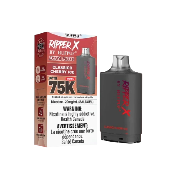 Ruf Puf Ripper X 75,000 puff pod with 20mL capacity, dual mesh coils, and adjustable airflow; available for same day Calgary delivery.