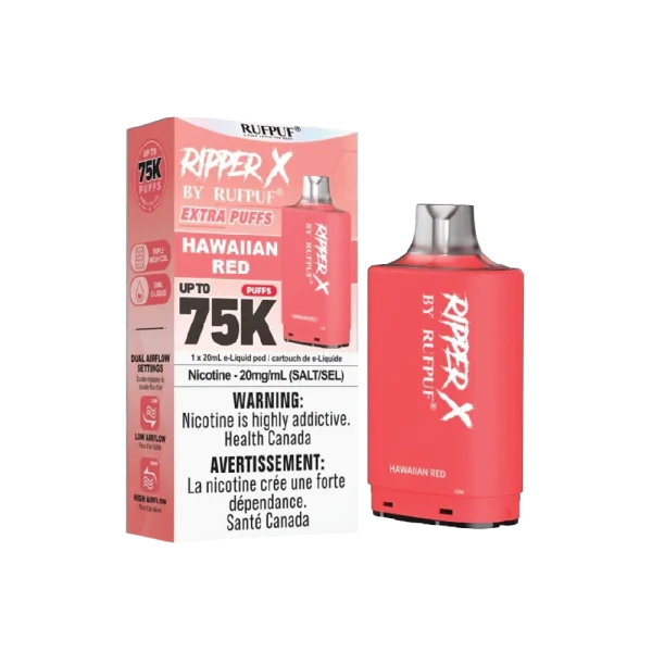 Ruf Puf Ripper X 75,000 puff pod with 20mL capacity, dual mesh coils, and adjustable airflow; available for same day Calgary delivery.