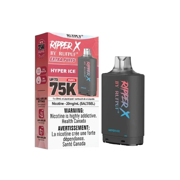 Ruf Puf Ripper X 75,000 puff pod with 20mL capacity, dual mesh coils, and adjustable airflow; available for same day Calgary delivery.