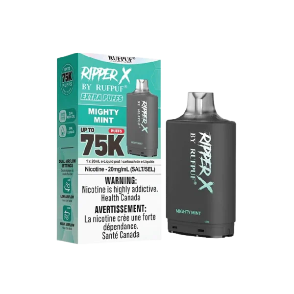 Ruf Puf Ripper X 75,000 puff pod with 20mL capacity, dual mesh coils, and adjustable airflow; available for same day Calgary delivery.