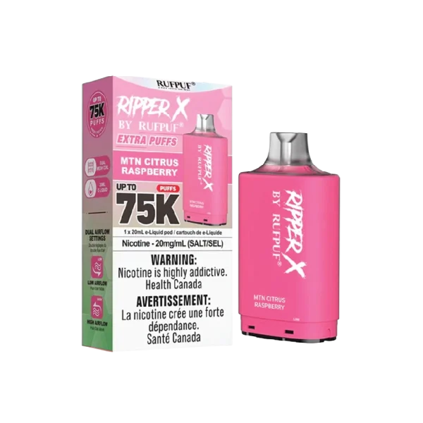 Ruf Puf Ripper X 75,000 puff pod with 20mL capacity, dual mesh coils, and adjustable airflow; available for same day Calgary delivery.
