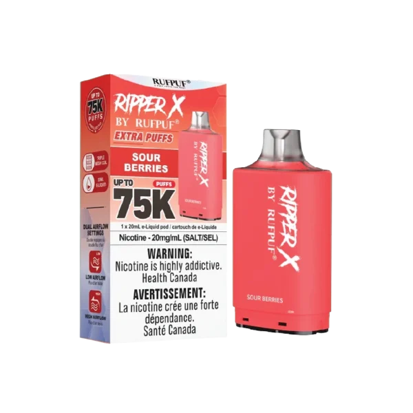 Ruf Puf Ripper X 75,000 puff pod with 20mL capacity, dual mesh coils, and adjustable airflow; available for same day Calgary delivery.