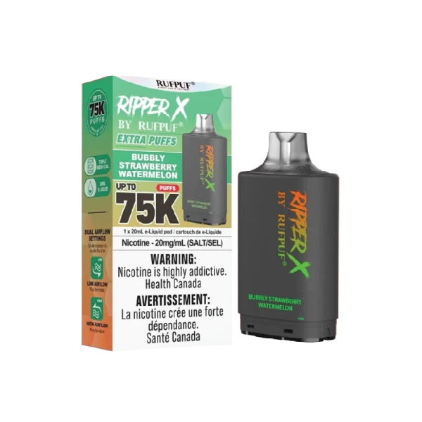 Ruf Puf Ripper X 75,000 puff pod with 20mL capacity, dual mesh coils, and adjustable airflow; available for same day Calgary delivery.