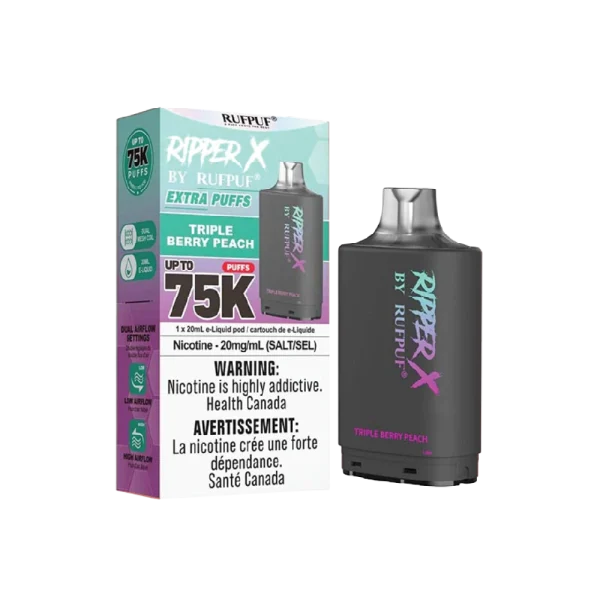Ruf Puf Ripper X 75,000 puff pod with 20mL capacity, dual mesh coils, and adjustable airflow; available for same day Calgary delivery.