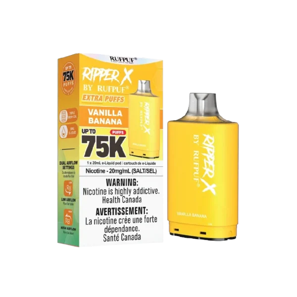 Ruf Puf Ripper X 75,000 puff pod with 20mL capacity, dual mesh coils, and adjustable airflow; available for same day Calgary delivery.
