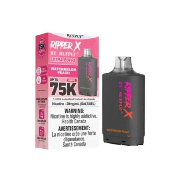 Ruf Puf Ripper X 75,000 puff pod with 20mL capacity, dual mesh coils, and adjustable airflow; available for same day Calgary delivery.