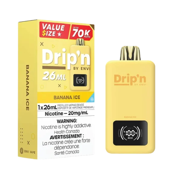 Drip’n 26mL disposable vape by Envi featuring a smart digital display, dual mesh coils, and 26mL capacity; available for Calgary delivery.