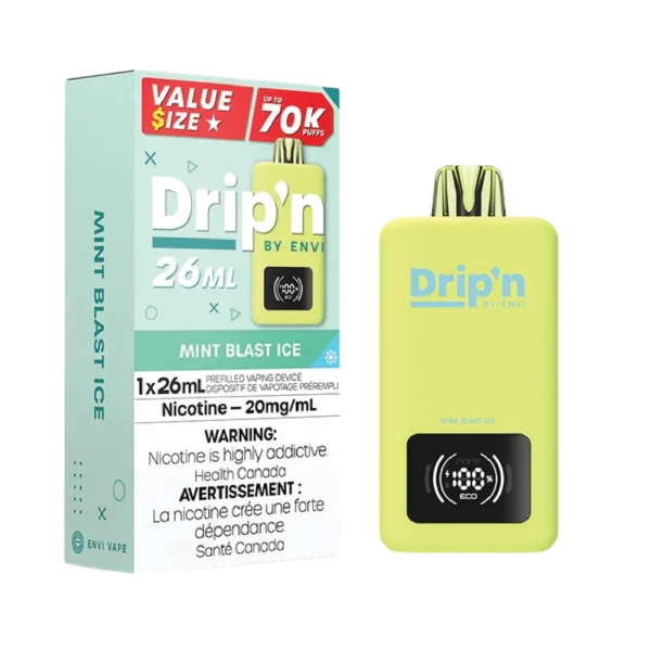 Drip’n 26mL disposable vape by Envi featuring a smart digital display, dual mesh coils, and 26mL capacity; available for Calgary delivery.