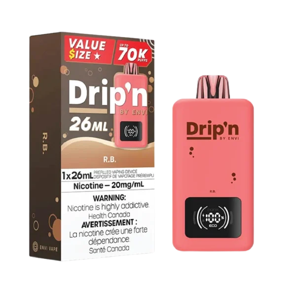 Drip’n 26mL disposable vape by Envi featuring a smart digital display, dual mesh coils, and 26mL capacity; available for Calgary delivery.