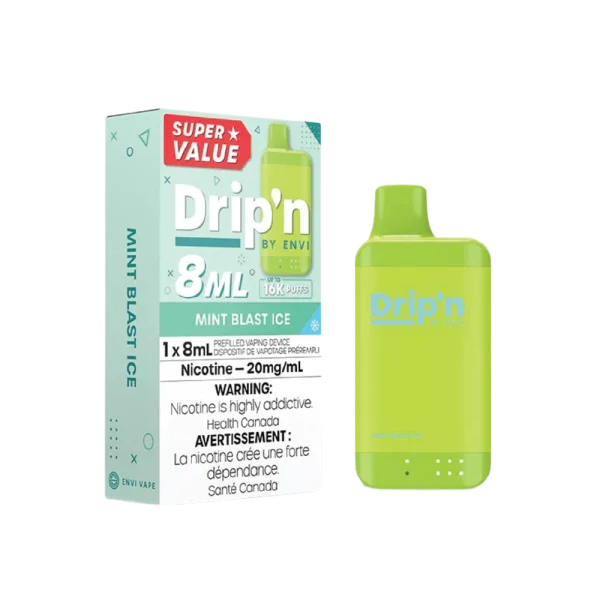 Drip’n 8mL disposable vape by Envi featuring a compact design, digital battery/juice display, and dual mesh modes; available for Calgary delivery.