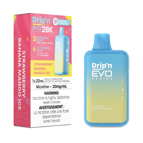 Drip’n 28K disposable vape by ENVI featuring a vibrant LED display for battery and juice levels, 3-mode firing system, and 20mL capacity; available for Calgary delivery.