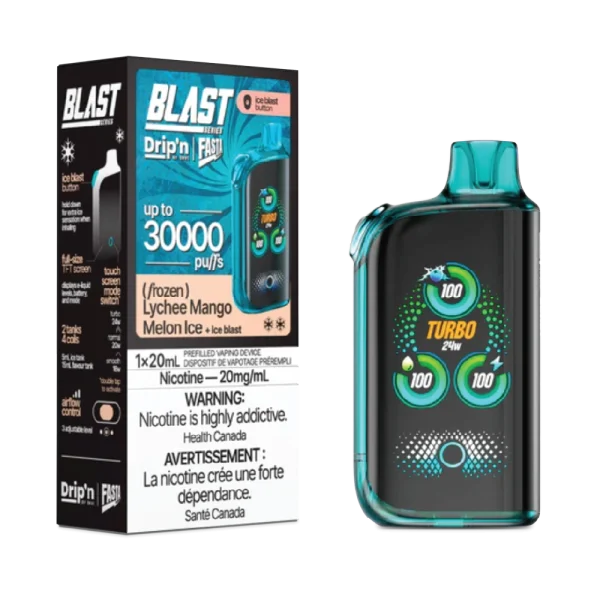 Drip’n Fasta Blast 30K disposable vape featuring a dual-tank system, full-size TFT touch screen, and three adjustable wattage modes; available for Calgary delivery.
