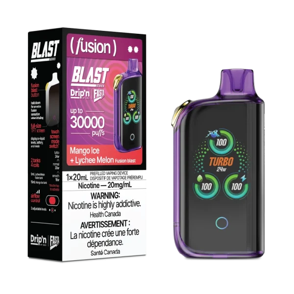 Drip’n Fasta Blast 30K disposable vape featuring a dual-tank system, full-size TFT touch screen, and three adjustable wattage modes; available for Calgary delivery.