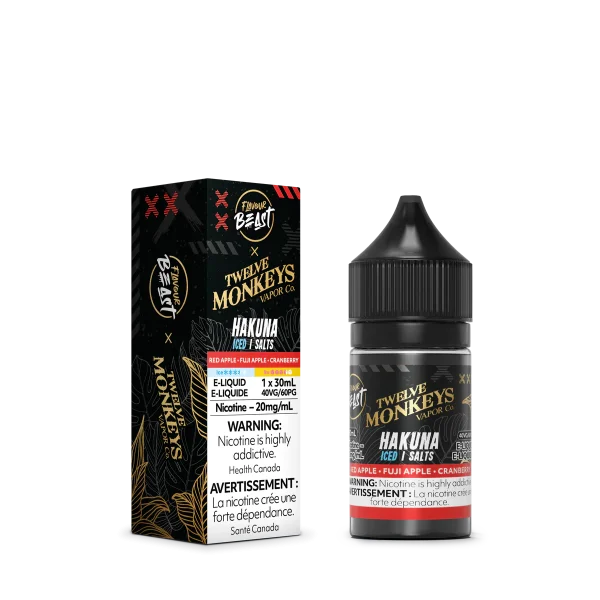 Flavour Beast X 12 Monkeys Hakuna 30mL Salt Nic with apple cranberry ice flavour.