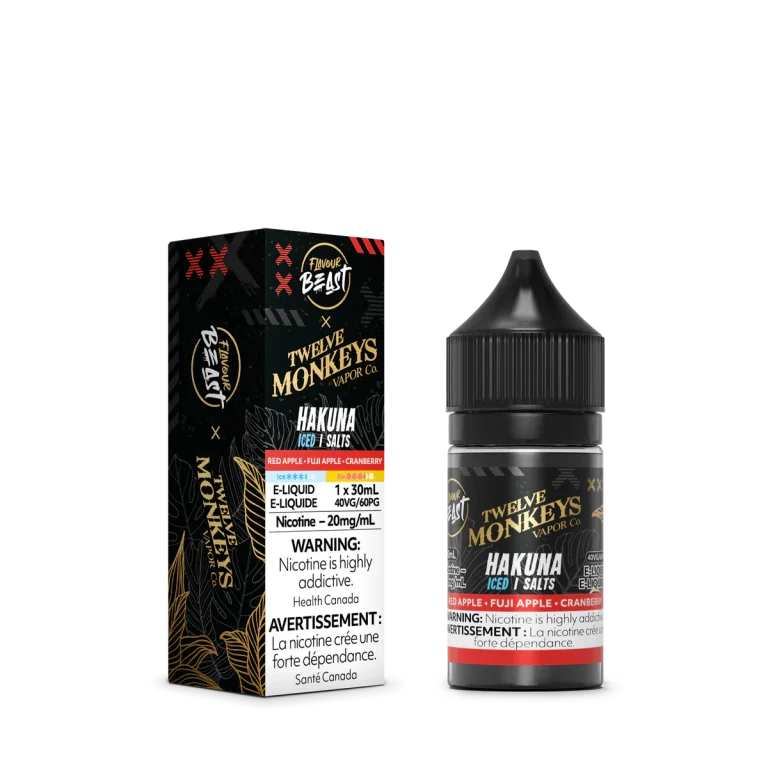 Flavour Beast X 12 Monkeys Kanzi 30mL Salt Nic with watermelon, strawberry, and kiwi ice flavour.